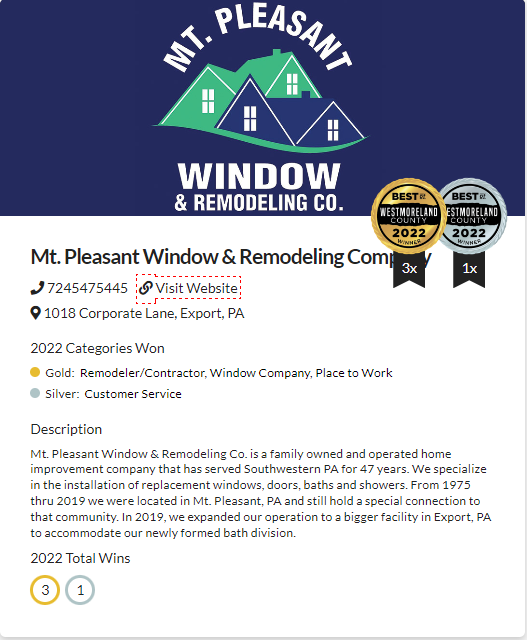 Mt. Pleasant Window and Remodeling Company Awards Best of Westmoreland